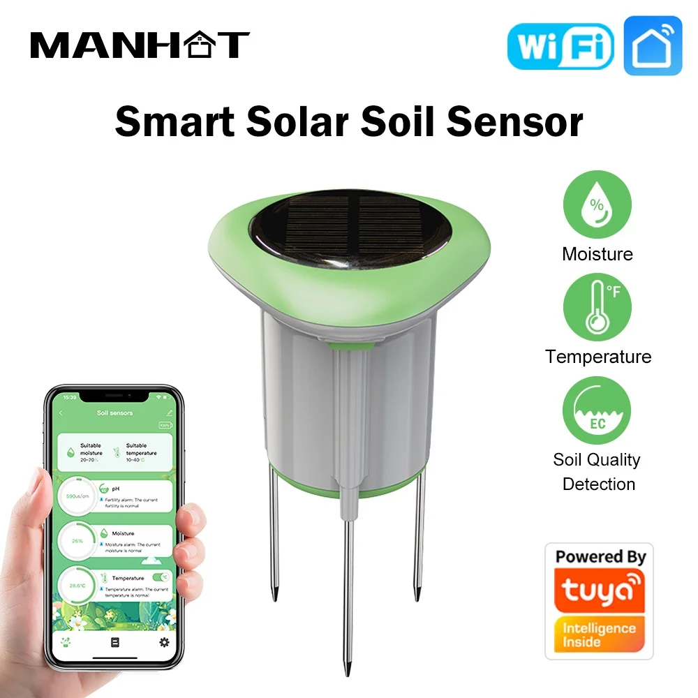 Capteur de sol solaire intelligent WiFi MANHOT 3-en-1 : température, humidité et conductivité EC, étanche IP66, pour irrigation intelligente de jardin