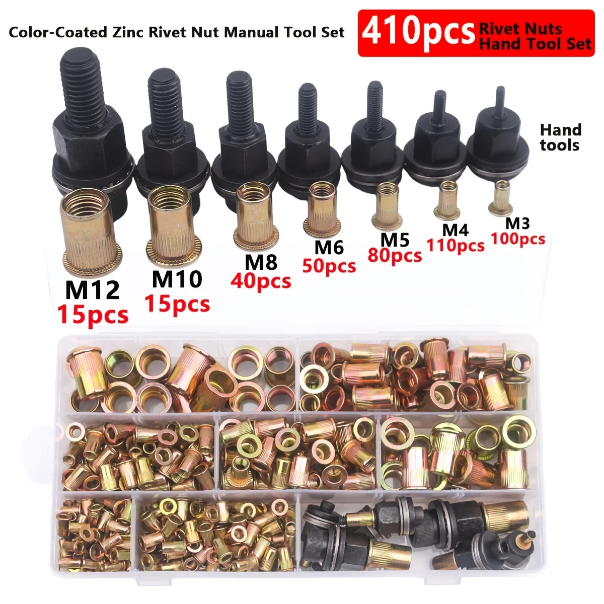 410pcs Rivet Nut and Hand Tool Set, M3-M12 Metric Rivet Nuts, Manual Riveter Kit for Furniture, Automotive, Marine, DIY