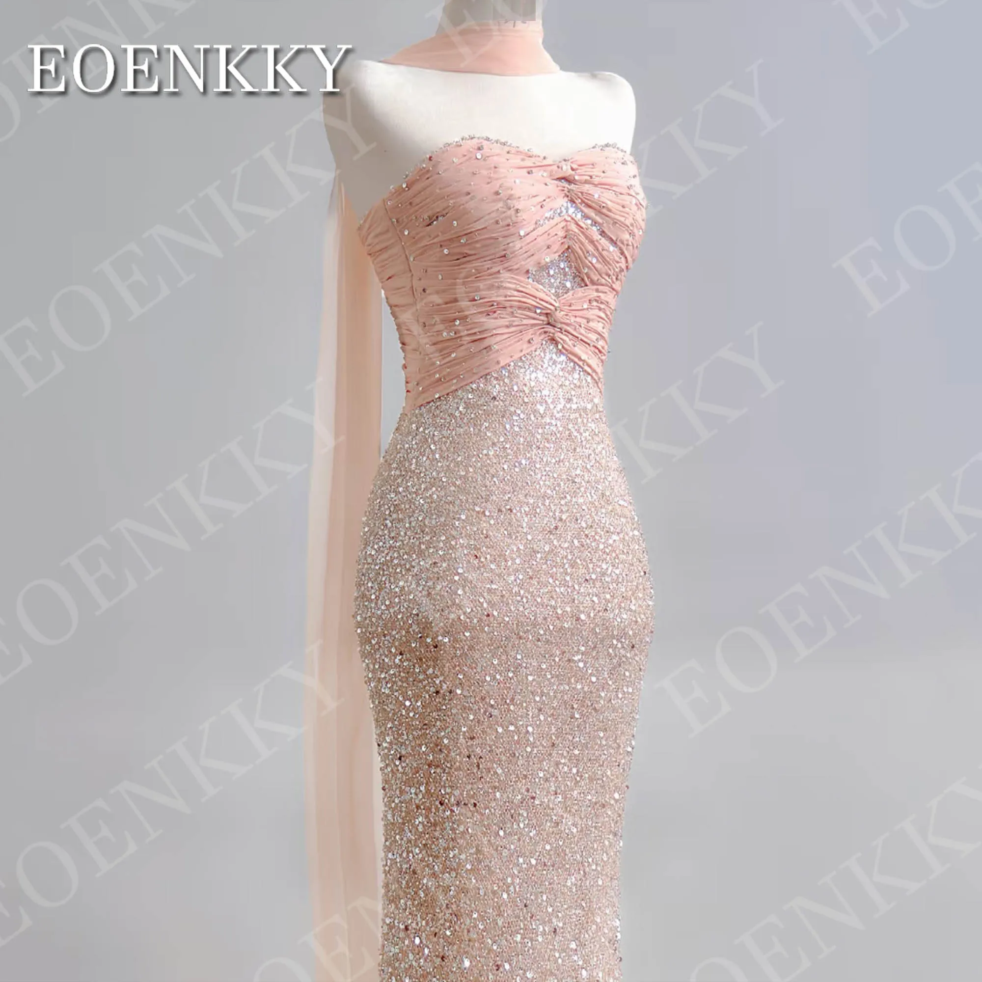ชุดราตรีทรงเมอร์เมดแบบไม่มีสาย ปรับแต่งได้ แขนกุด หรูหรา ประดับเลื่อม คอวี สำหรับงานปาร์ตี้