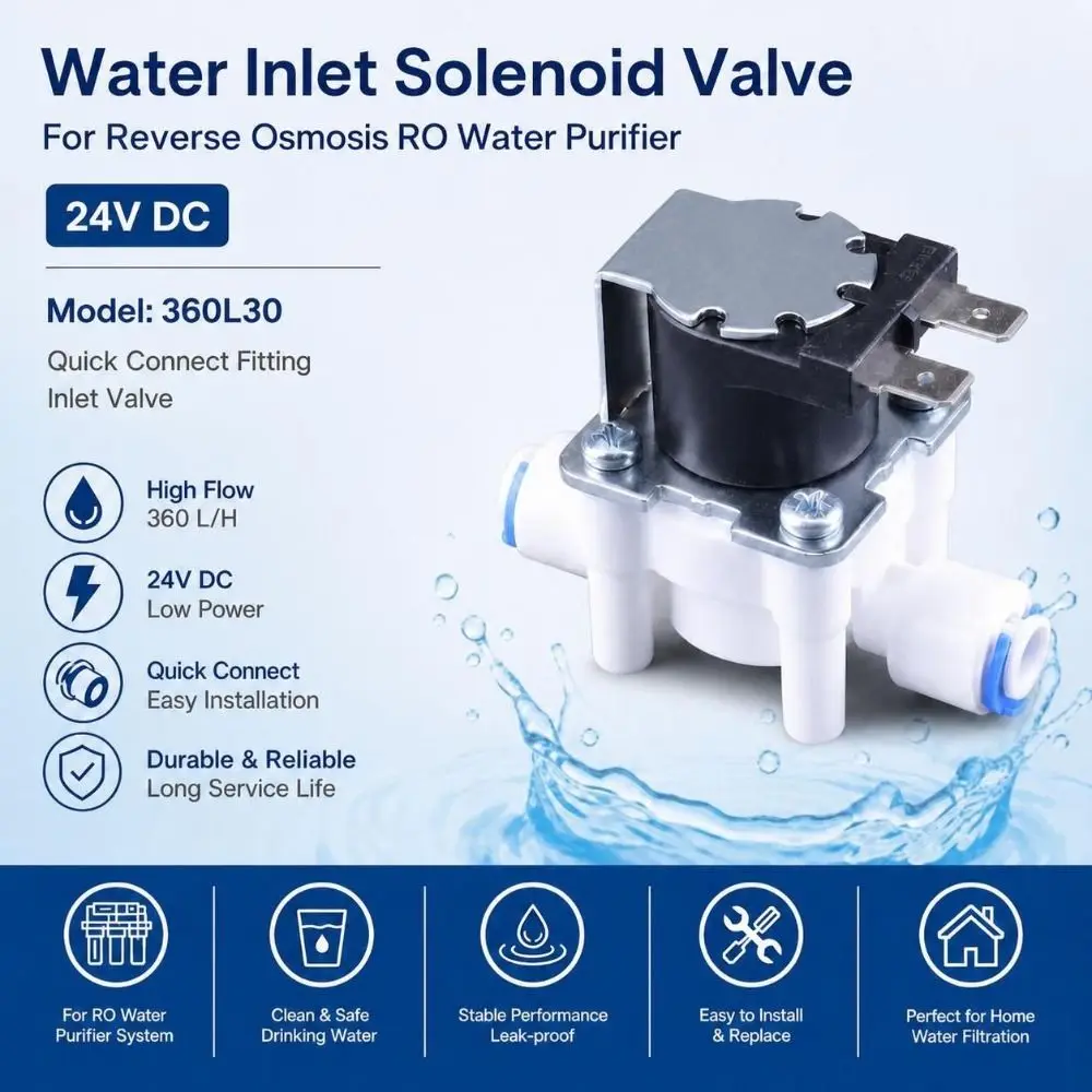 DC 24V Flush Solenoid Valve Fast Response 1/4 Inch Quick Connect Water Purifier Valve Low Power Consumption Durable