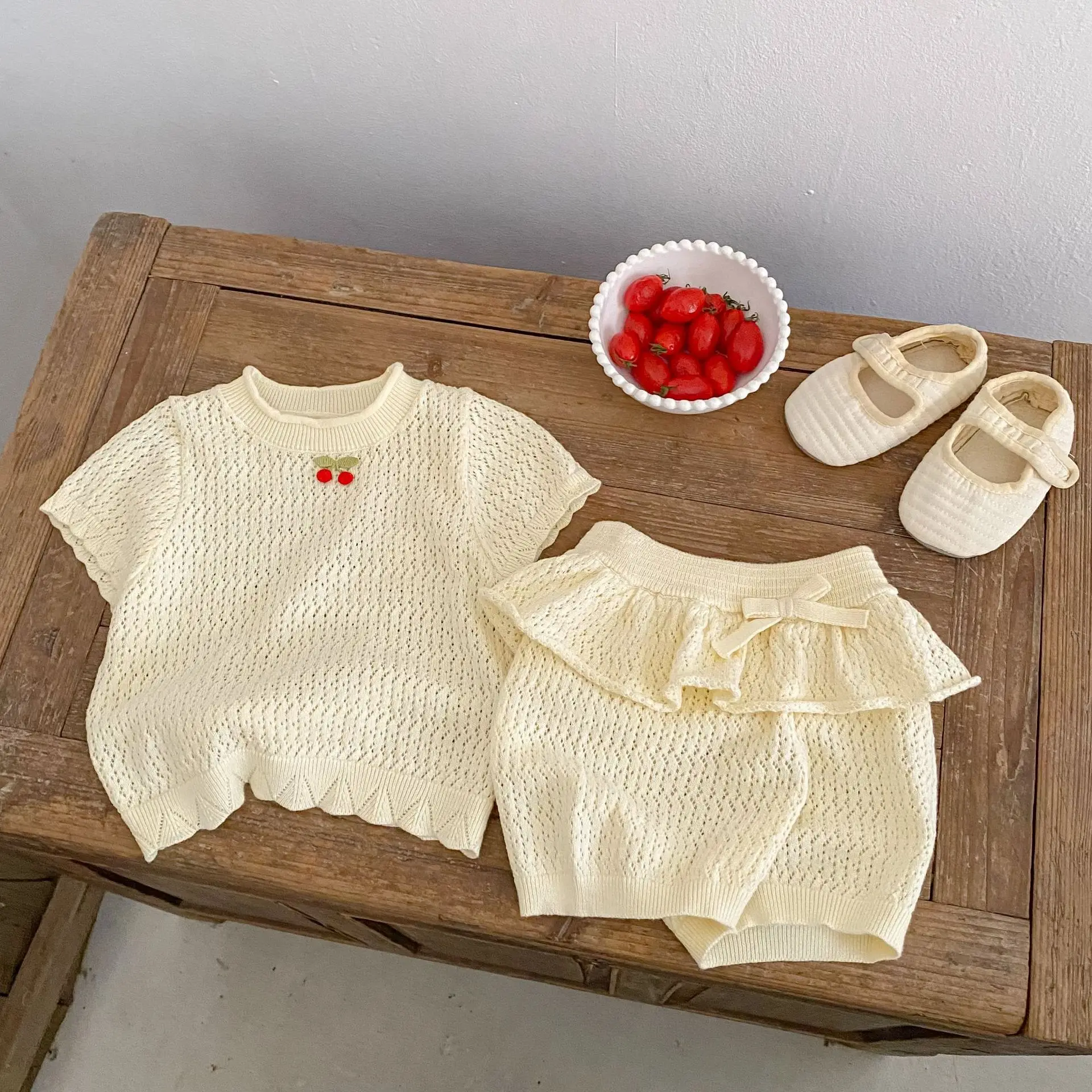 

2026 Summer New Children Short Sleeve Clothes Set Girls Cute Cherry Embroidery Hollowed Out 2pcs Suit Toddler Knitted Outfits