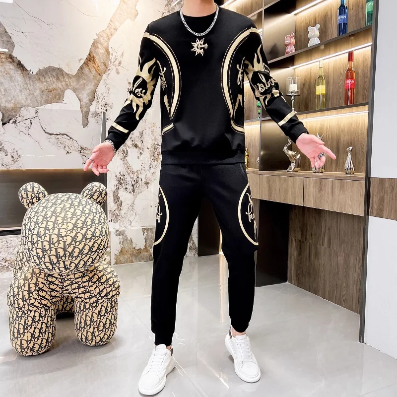 Fashion Personality Autumn and Winter Plus Fleece Warm Casual Suit Men's Trend Sweatshirt Trousers Ropa Hombre Sportswear