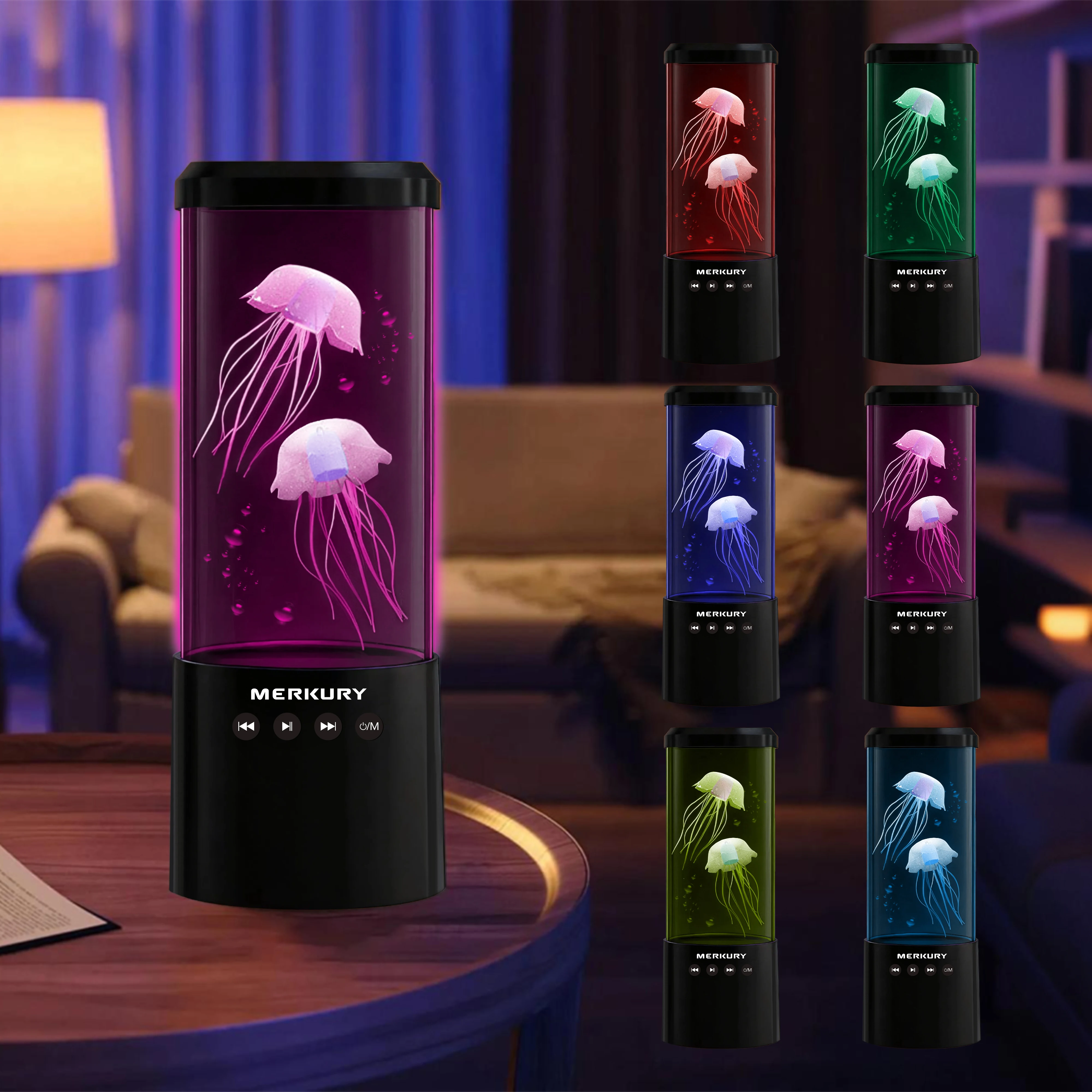 مصباح ليلي LED متغير اللون، حوض سمك أسطواني بسيط، محاكاة فقاعة، ديكور منزلي مع صوت وبلوتوث