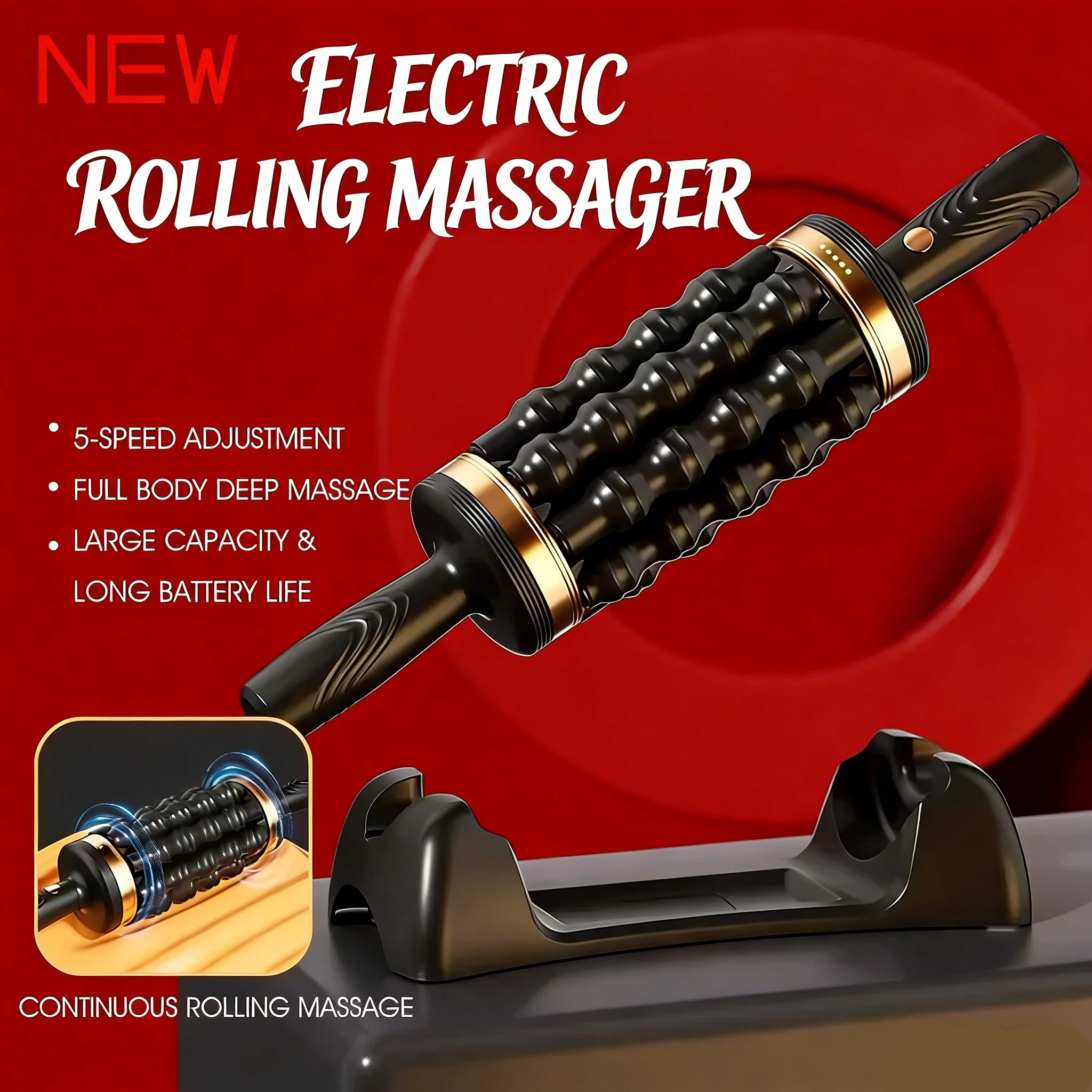 

Rechargeable Rolling Percussive Massager with 36 Massage Points, Handheld Roller with Base for Foot, Back, and Leg Muscle Pain