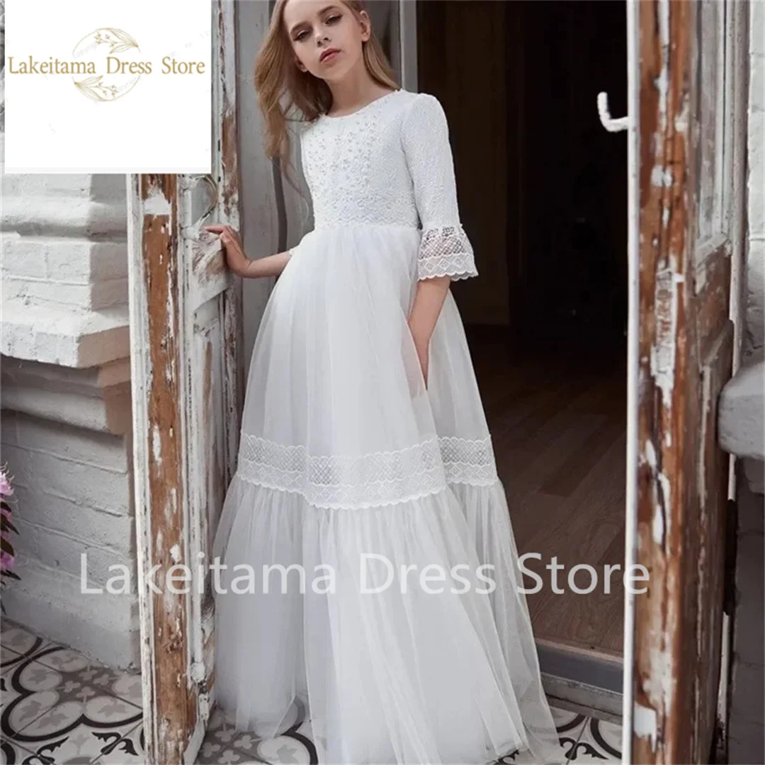 

Кружевное платье длиной до пола с цветочным узором для девочек с круглым вырезом, трапециевидные платья для юных подружек невесты на свадьбу, первое причастие, подружку невесты, день рождения