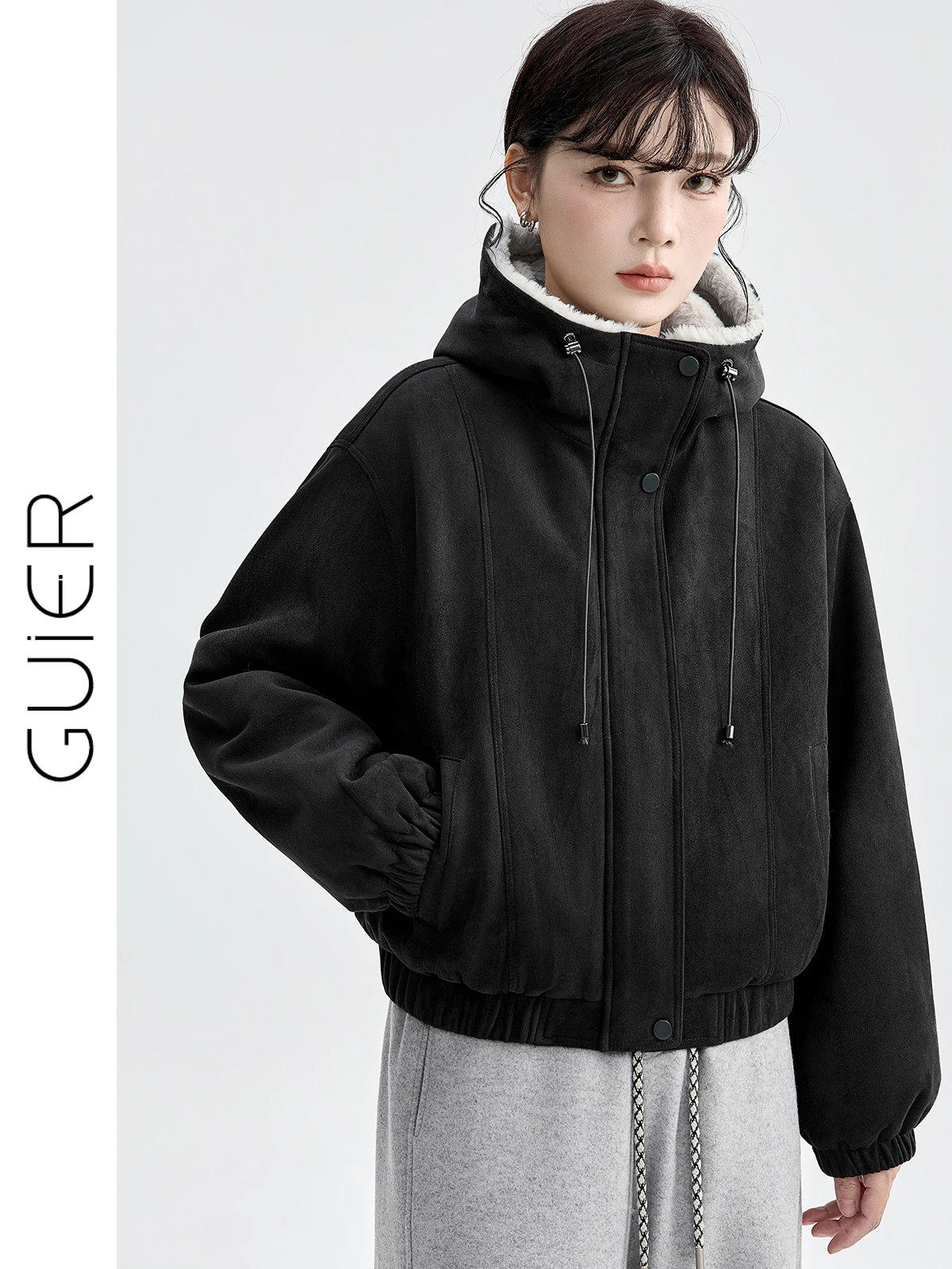 

Women's Suede Fce Lined Casual Hooded Stand Collar Jaet Slimming Loose Fit Winter 2025 New Sle Top by Guier