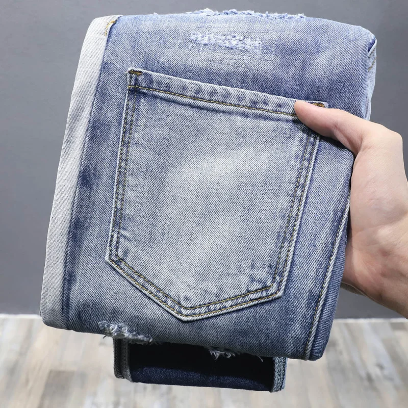 Jeans déchirés style coréen pour hommes, pantalons longs moulants, patchwork de chimettes, patchs de documents, coupe couvertes, automne, nouveau, 2024