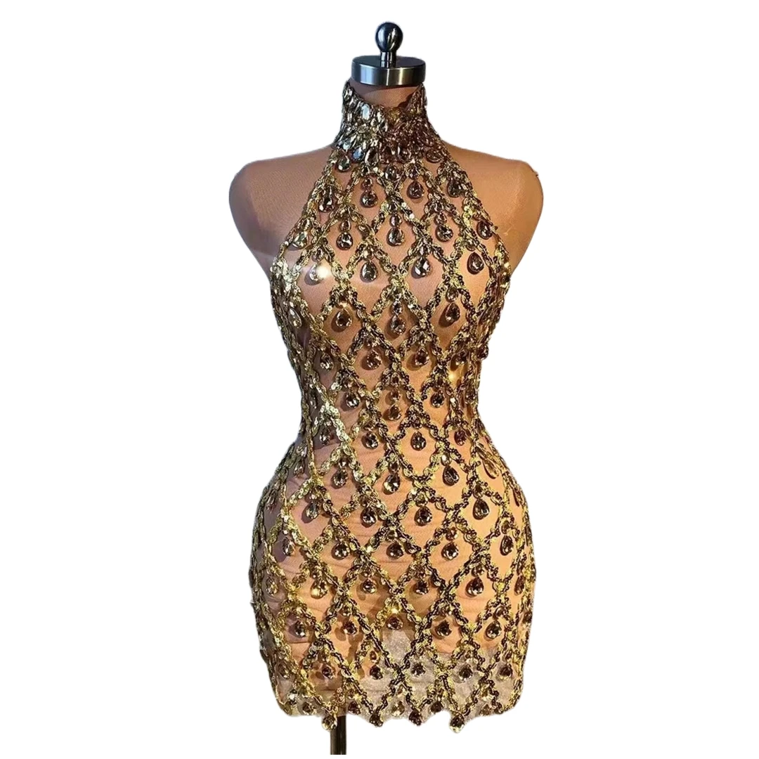 New Brown Skinny Sexy Sparkly Rhinestones Shorts Evening Dress Party Birthday Bar Club Costume Stage Wear Dresses For Women