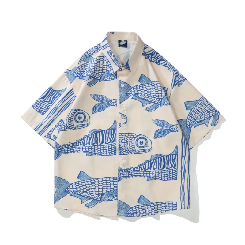 

Japanese Vintage Short Sleeved Shirt Men's Ancient Fish Full Print Shirt for Men Hawaiian Vacation Couple Summer Daily Wear