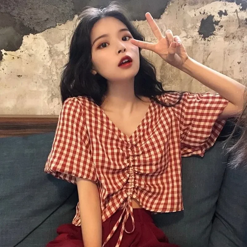 Women Blouses V-neck Short-sleeve Summer Pleated Lace-up Plaid Sweet All-match Girls Ulzzang Tops Shirts Leisure Elegant Chic