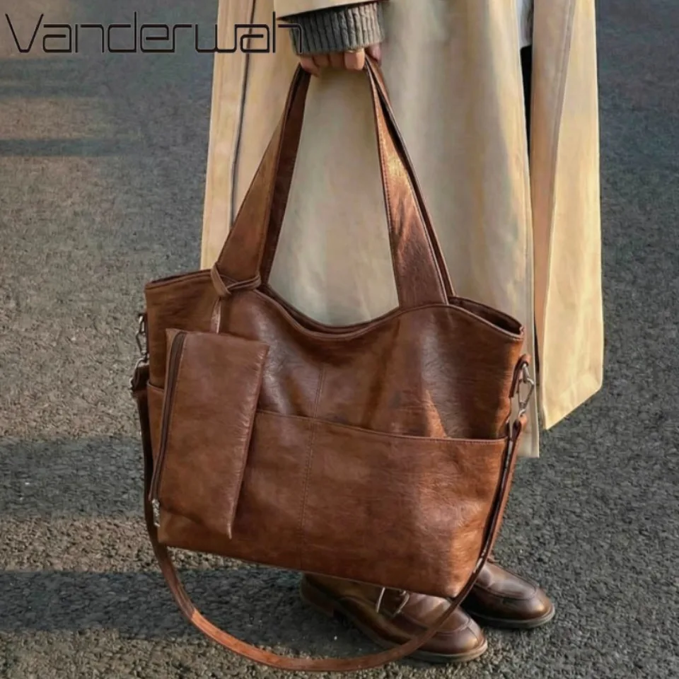

Vintage Leather Tote Bag 2-in-1 Large Capacity Commuter Bag with Matching Pouch Shoulder Crossbody Handbag for Work Daily Travel