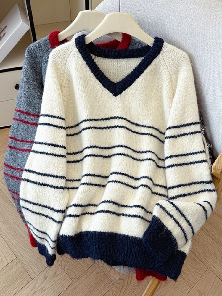 

REALEFT Vintage Striped Knitted Women's Sweaters Autumn Winter Long Sleeve V-neck Korean Casual Loose Pullovers Sweater Female