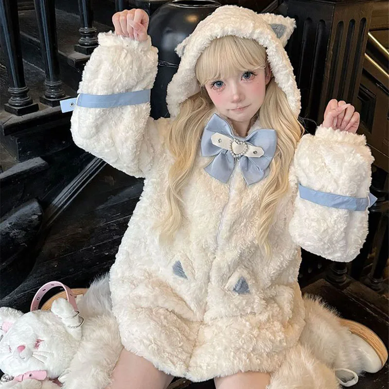 

Осень-зима Лолита, милое милое пальто из искусственного меха для девочек, модная женская куртка с капюшоном Y2K, утепленное теплое плюшевое пальто, подарок на Хэллоуин