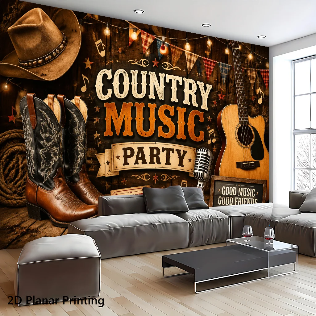 Country Music Party Cowboy Boots Guitar Microphone 2D Flat Tapestry Backdrop For Western Theme Event Decor Musical Wall Hanging