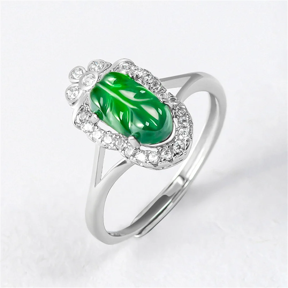 

925 Silver Natural Green Jadeite Tree Leaf Beads Gem Crystal Ring S925 Adjustable Certificate Bridal Luxury Jade Trendy Jewelry
