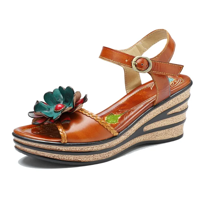

7.5cm Ethnic Elegant Big Size Sandals Women Appliques Flower Shoes Artistic Multicolor Sheepskin Leather Buckle Summer