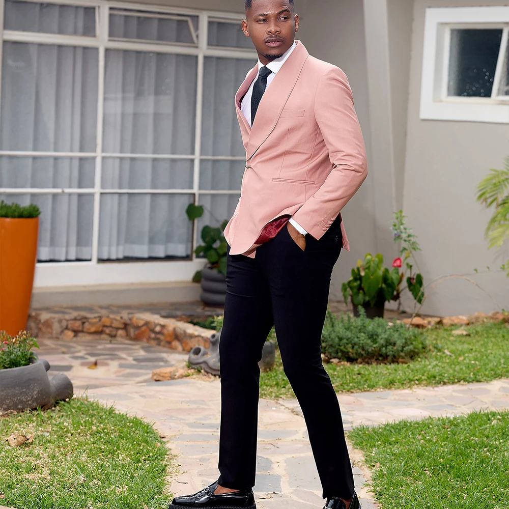 

Yimi Pink Men's Suits 2 Pieces Shawl Lapel Brooch Wedding Evening Party Suit Elegant Contrast Color Prom Blazer Slim Customized