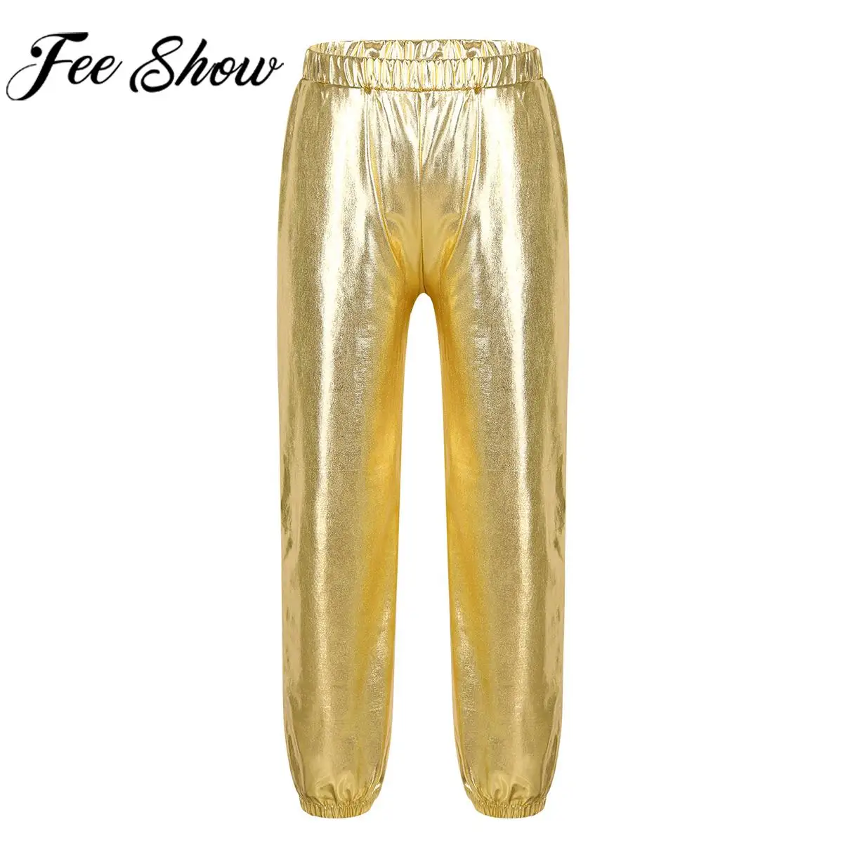 Kids Girls Hip Hop Street Jazz Dance Pants Glossy Metallic High Waist SweatpantsTrousers Stage Performance Dancewear Streetwear