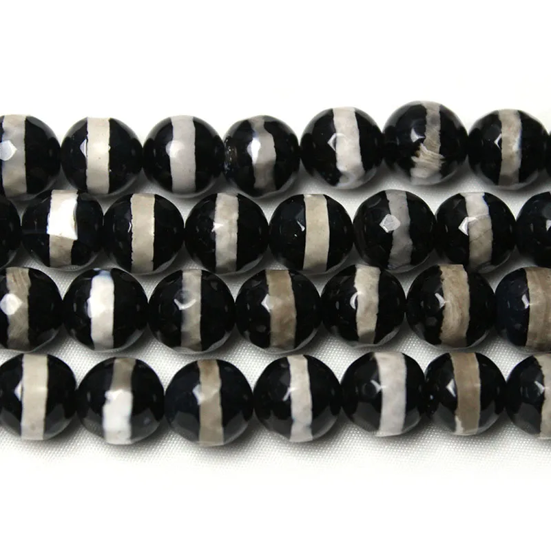 Natural Stone Faceted White Lines Black  Agates Round Loose Beads 15\