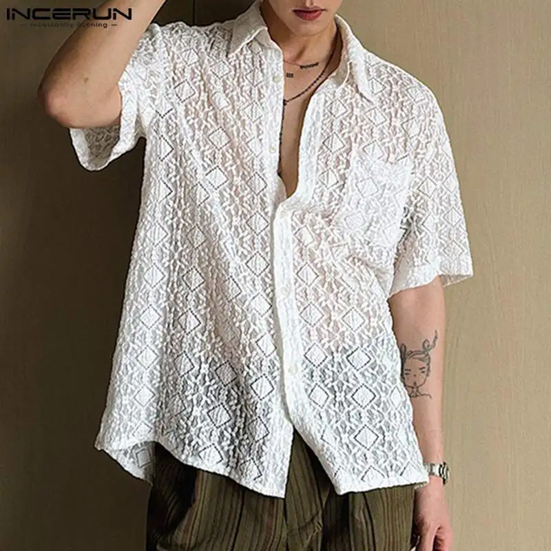 INCERUN Men Shirt Lace Hollow Out Lapel Short Sleeve Men Clothing Summer Transparent Vacation 2024 Loose Streetwear Shirts S-5XL