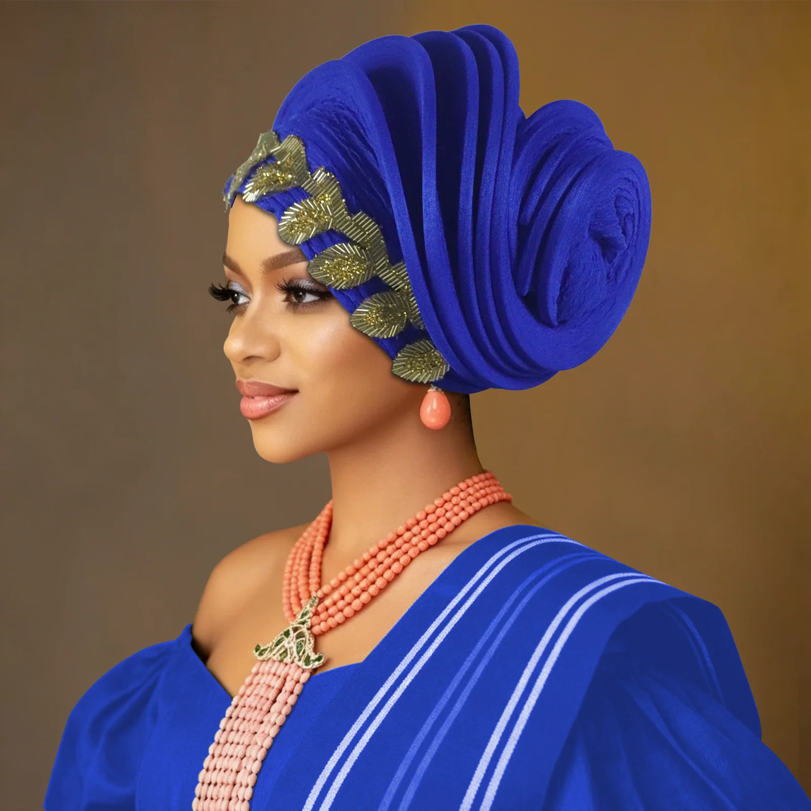 Elegant Spiral Beret Turban Cap for Women Beads Afrcian Auto Gele Head Wraps Nigeria Headpiece Wedding Party Hijab Bonnet Hat 3