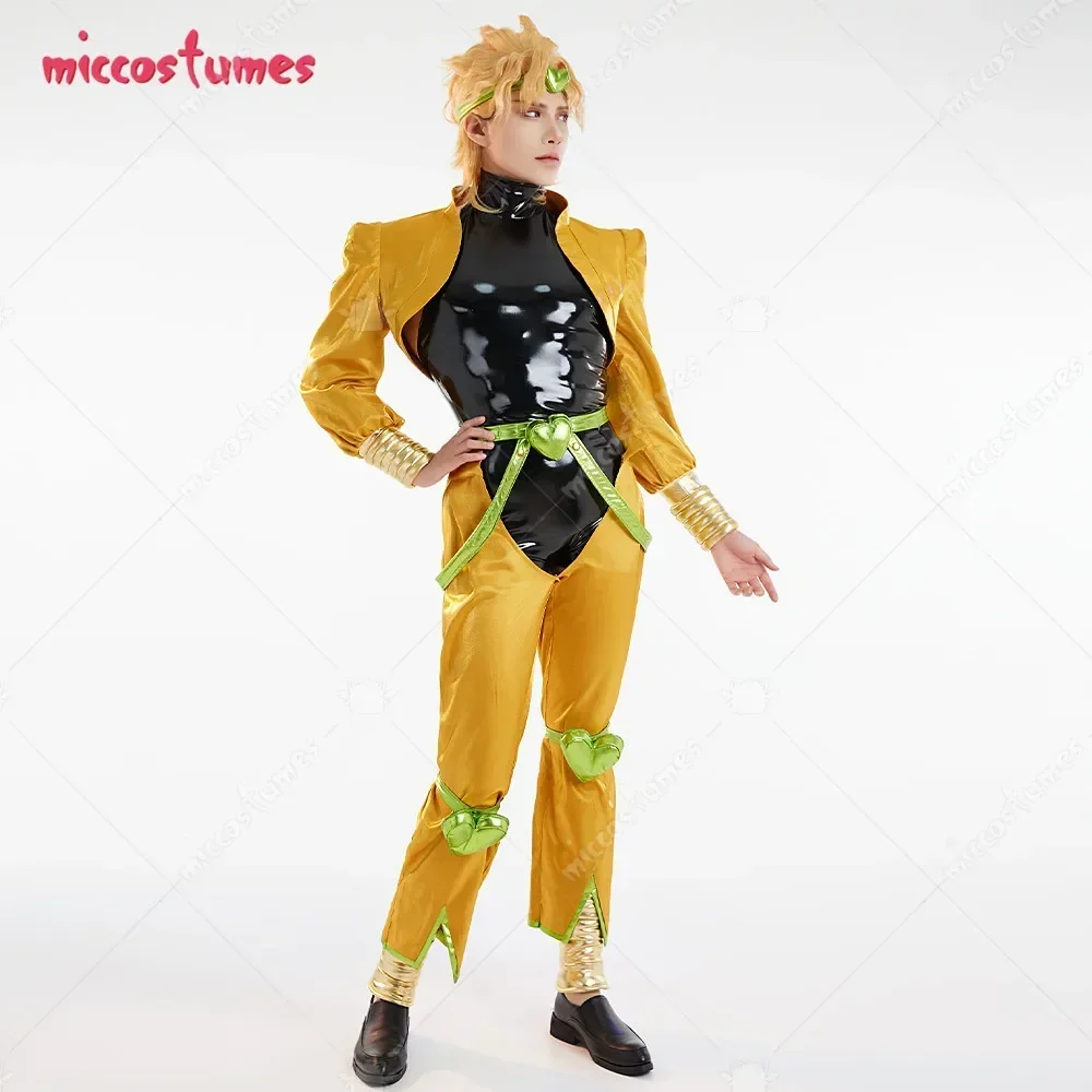 Micfigurinos-Traje Cosplay Dio Amarelo e Preto com Cocar e Braçadeiras, Conjunto Completo Unisex, Halloween