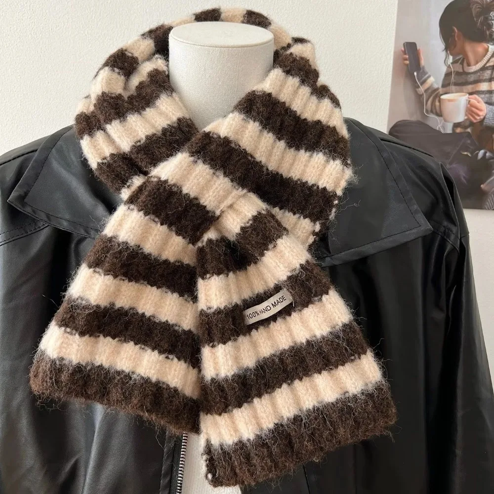 

Вязаный шарф в полоску в стиле ретро, утолщенный защитный шейный шерстяной шарф, теплый шарф для шеи, осень-зима