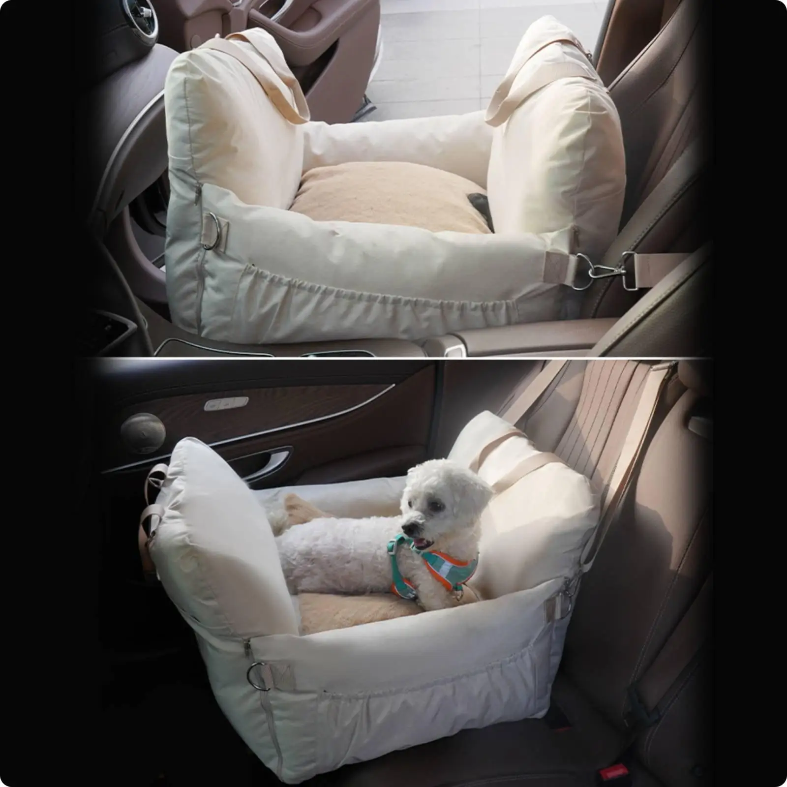 Small Dog Car Seat Cover Waterproof Pet Travel Bed Portable Cushion with Enclosed Shape for Calmer Rides in Car