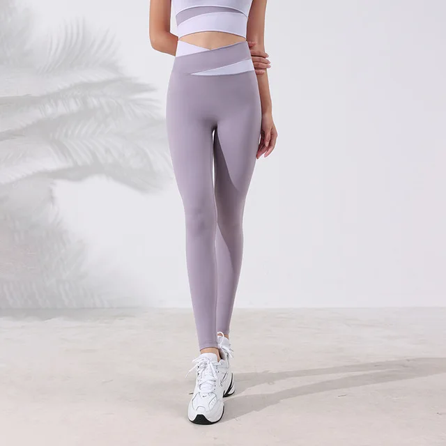 Women Yoga Pants Patchwork Color Crossover Sports Pants High Waist Hip Lift Sport Leggings Sportswear Gym Fitness Workout Tights