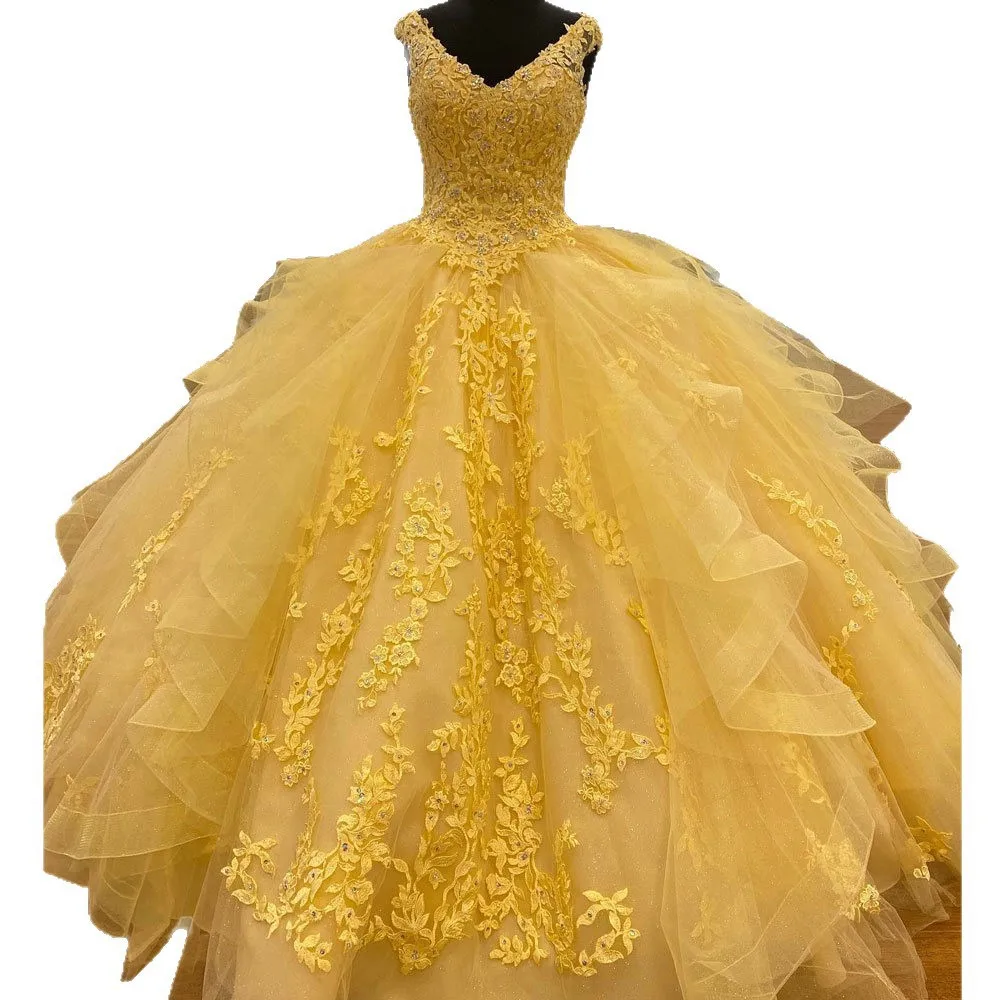   Vestido de baile de tule princ dr v-ne oulder saia longa de cintura alta dupla par dança vestido de noite amarelo