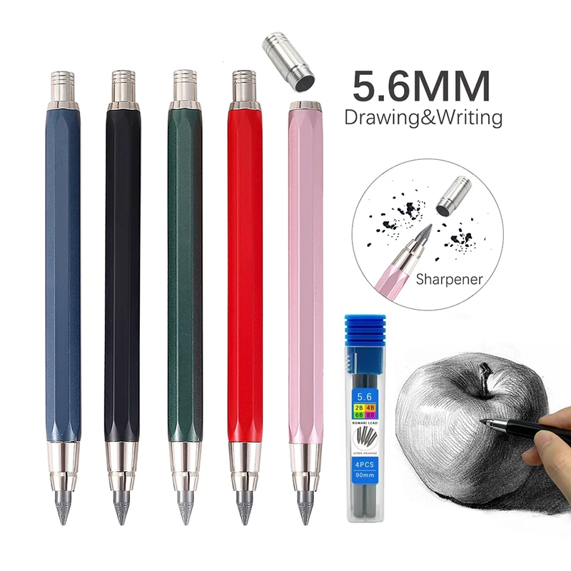 5.6mm All Metal Automatic Pencil 2B 4B 6B 8B Lead Core Art Drawing Writing Tool Sketching Manga Design Automatic Pencil