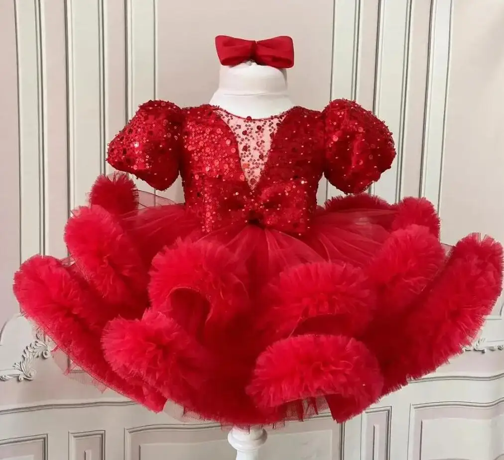 Vestido de tule vermelho com laço para meninas, vestido de lantejoulas, manga curta inchada, primeira comunhão, festa de aniversário, vestido de baile, purpurina, vermelho