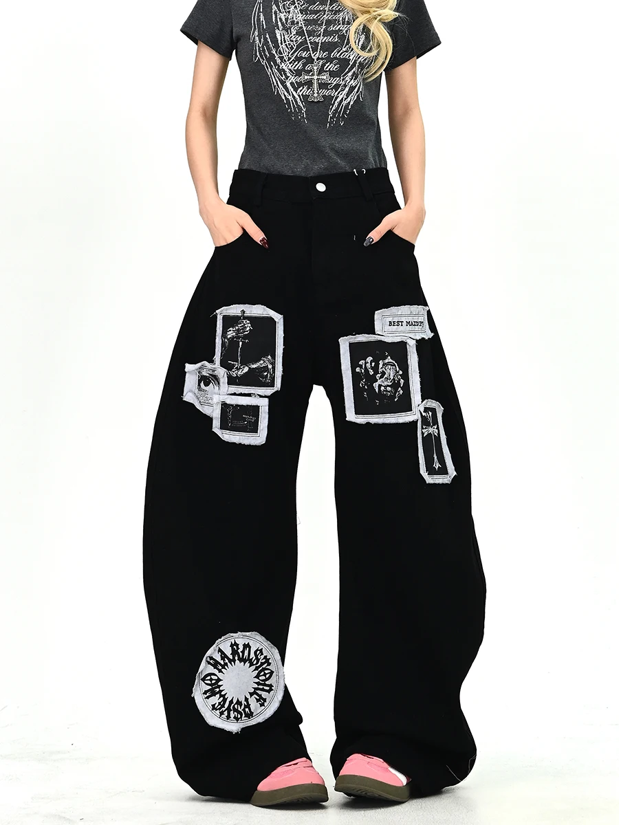 

Женские свободные джинсы с эффектом потертости, весна 2026, уличный стиль, широкие брюки, длинные, с пэчворком, на молнии, с завышенной талией