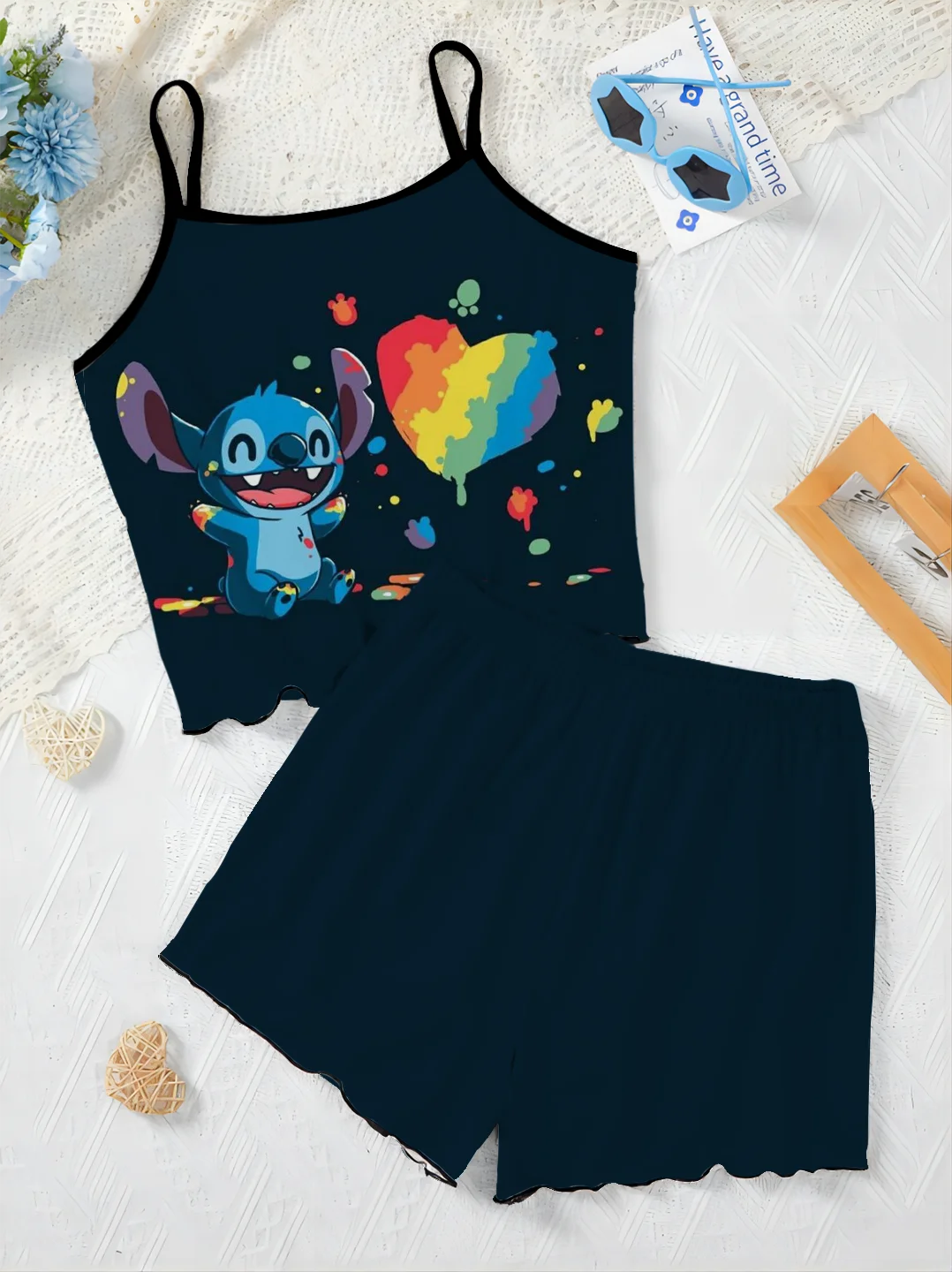 Stitch Sałata Wykończenie Garnitur damski Krótkie zestawy Sukienka na ramiączkach Top Piżama Spódnica Disney T-shirt Kawałki Elegancka 2-częściowa sukienka Disney Home