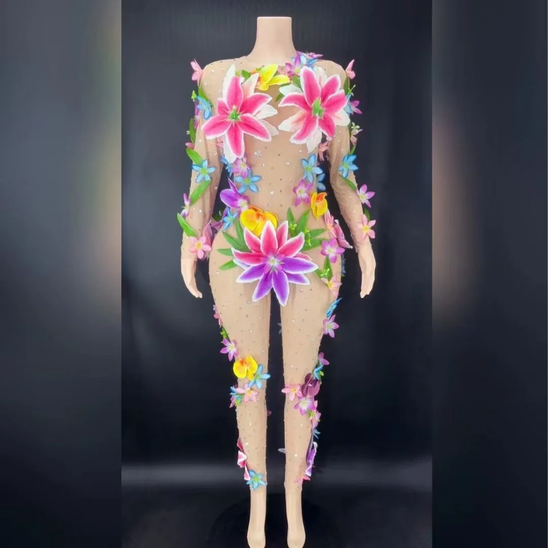 Colorful See Through Flowers Halter Short Dress Women Party Drag Queen Vegas Showgirl Costume Performance Stage Dance Outfit