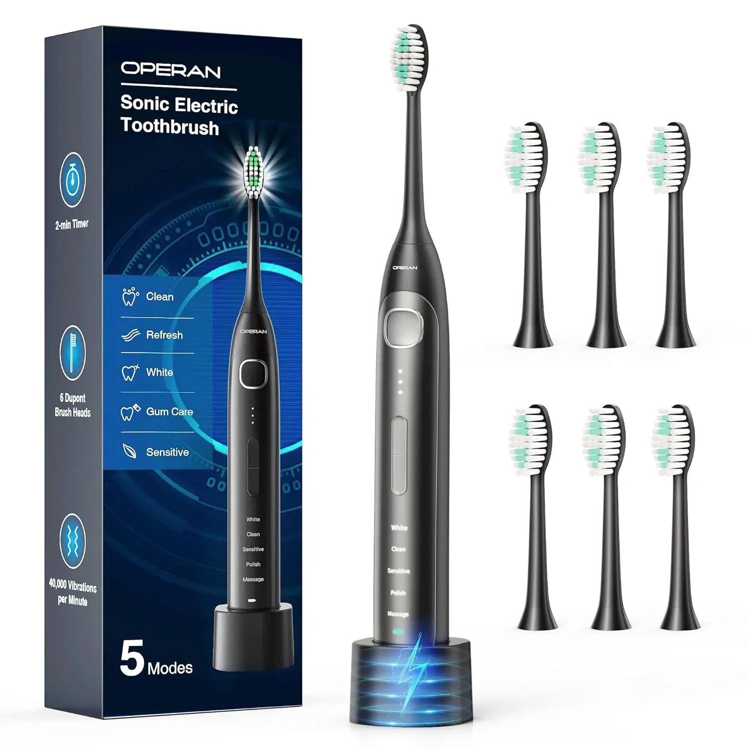 Electric Toothbrush for Adults and Kids High Power Sonic Rechargeable Toothbrush with Smart Timer 5 Modes 6 Brush Heads 4