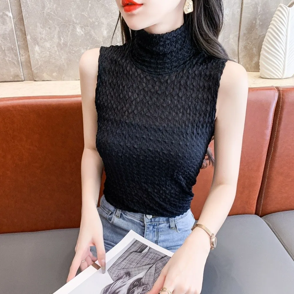 Slim Fit Turtleneck Collar Tank Top Sleeveless Crinkle Texture Mesh Blouse Sheer Mesh Slim Fit Lace Camisole Daily Wear