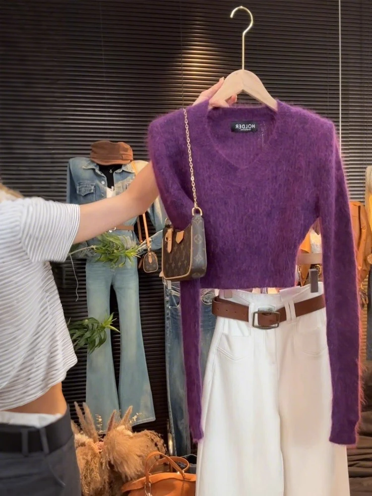 

Фиолетовый вязаный свитер V-Ne ort, женский модный утягивающий длинный свитер с базовым слоем свека, топ на осень 2021, Новое поступление