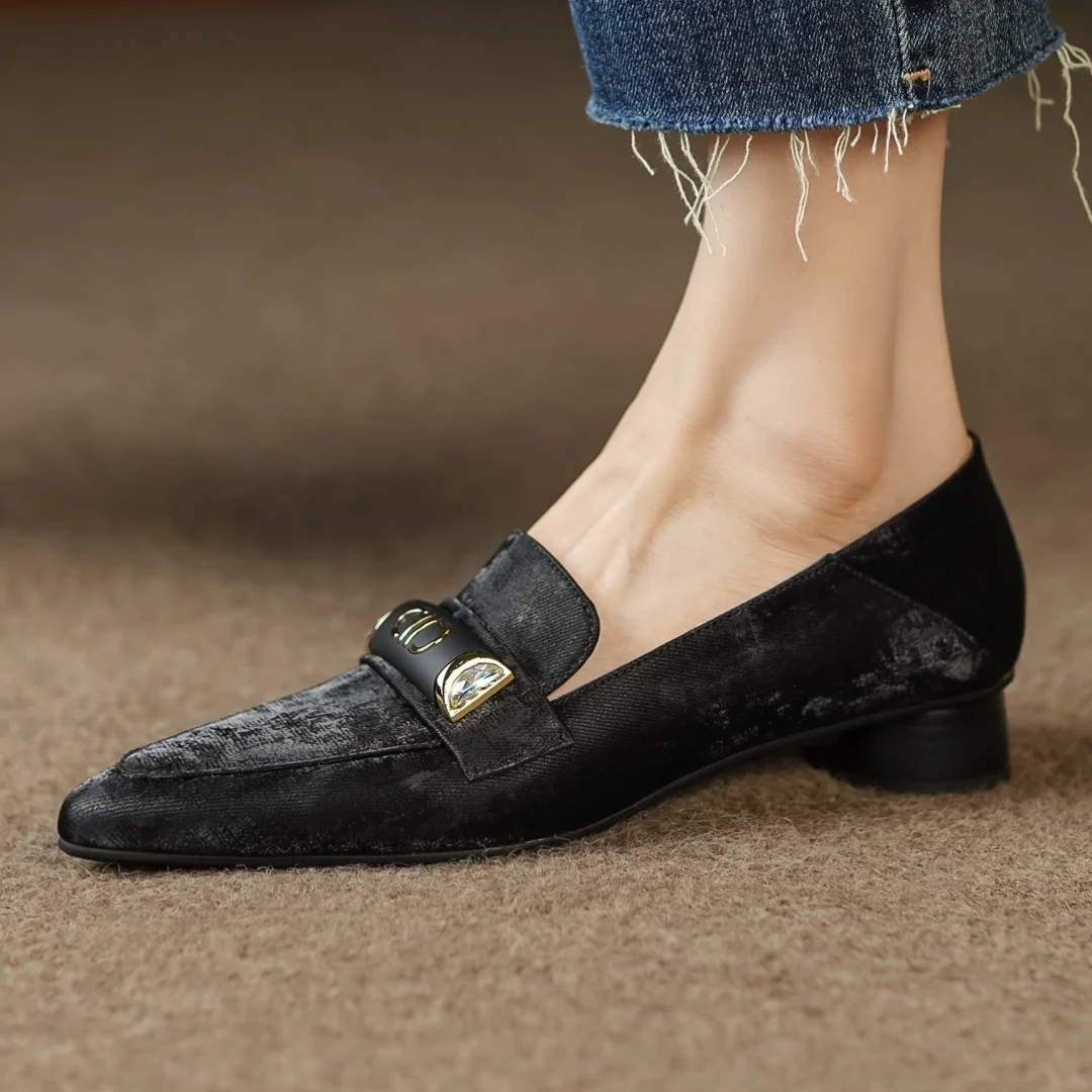 

Women's cow leather pointed toe slip-on flats metal decoration elegant ladies slim daily dress shoes 2024 spring new footwear