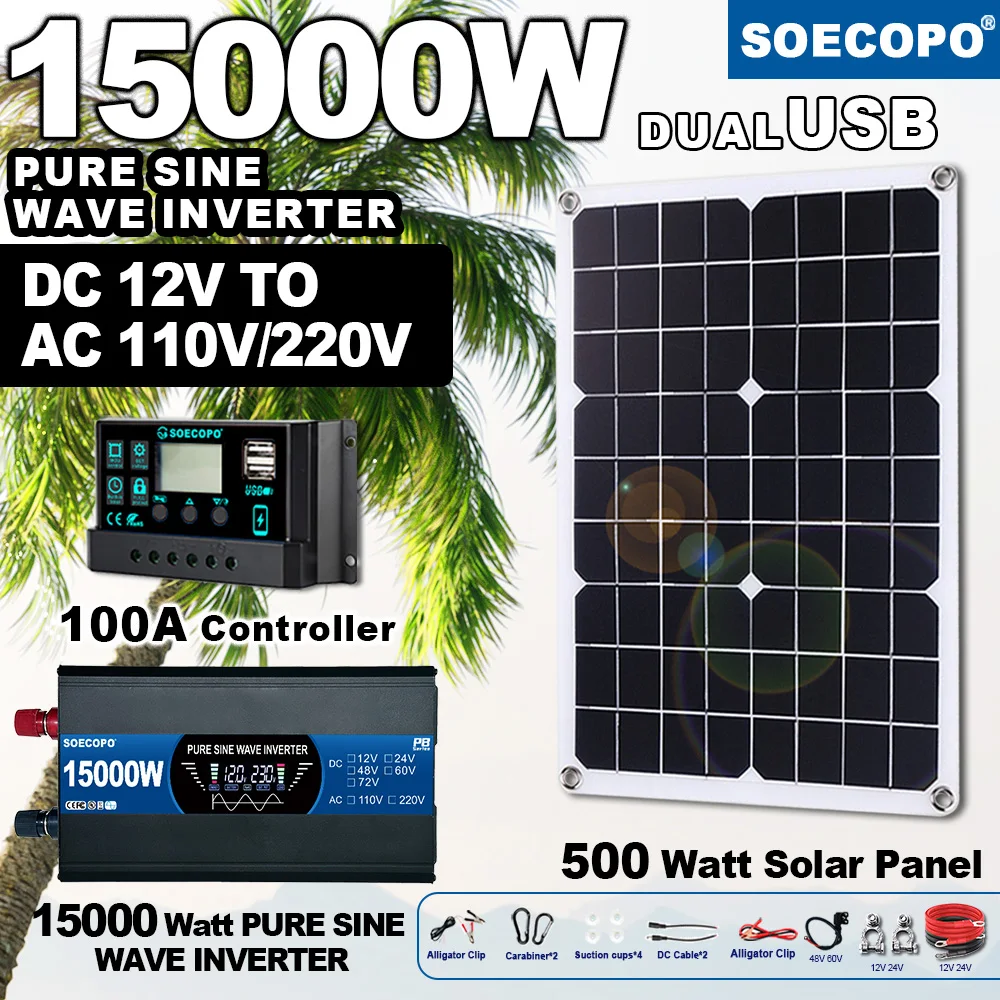 

SOECOPO 15000W Portable Solar System Kit 500W Panel Pure Sine Wave Inverter(12V To 110V/220V) 100A Controller for Camping/Home