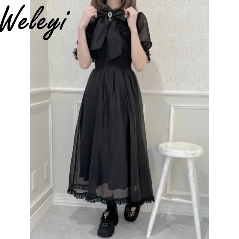 

Kawaii Cute Mine Style Rojita Waist Lace Dress Japanese Womens Long Veil Mass Produced Elegant Short Sleeve Large Swing Sukienka