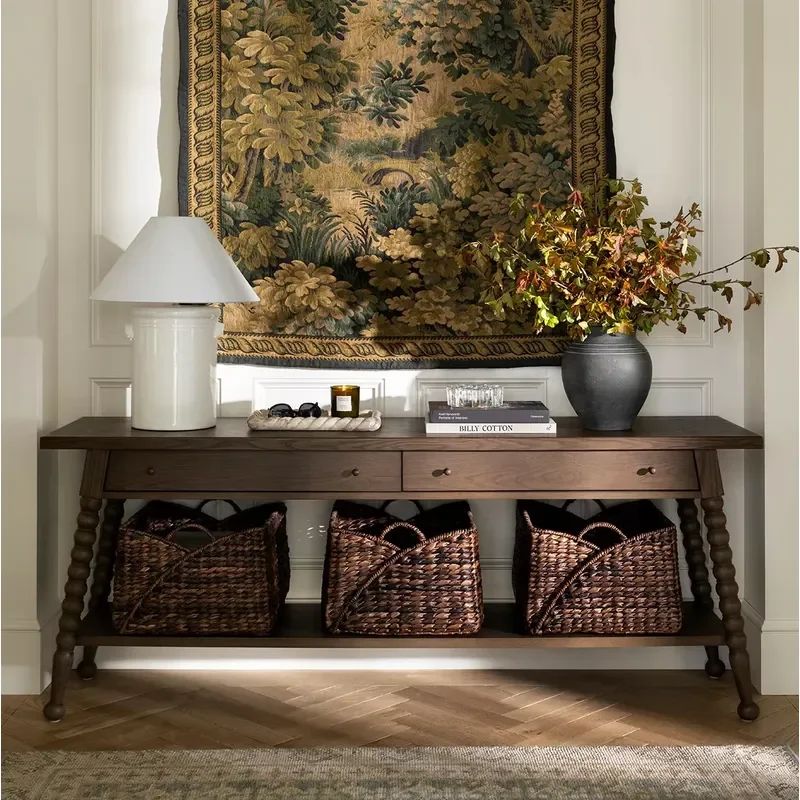 American Retro Distressed Modern Minimalist Console Table with Braided Rope Design for Home Entrance Hotel Corridor or Foyer