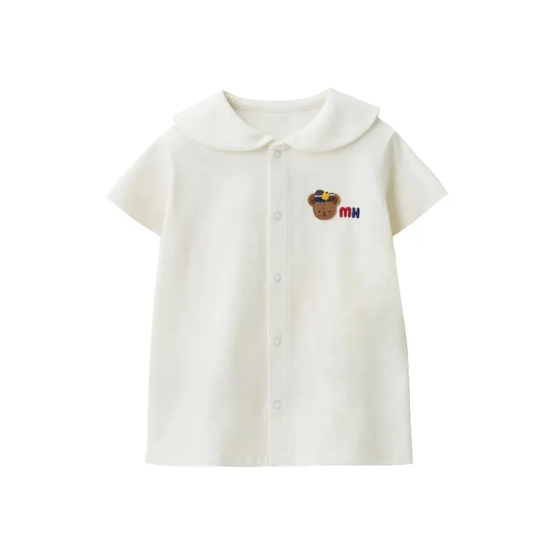 Kids Sailor Collar Shirt Cute Bear Color Letter Embroidery Striped Boy Long Sleeve Blouse Inner Wear Boys Short Sleeve Tops