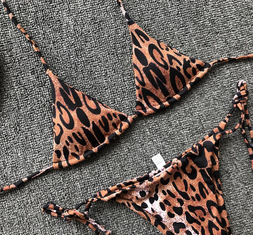 Conjuntos de micromini bikinis con estampado de leopardo para mujer, traje de baño sexy de dos piezas con cuello halter y lazo, trajes de baño para playa, bikini tankini