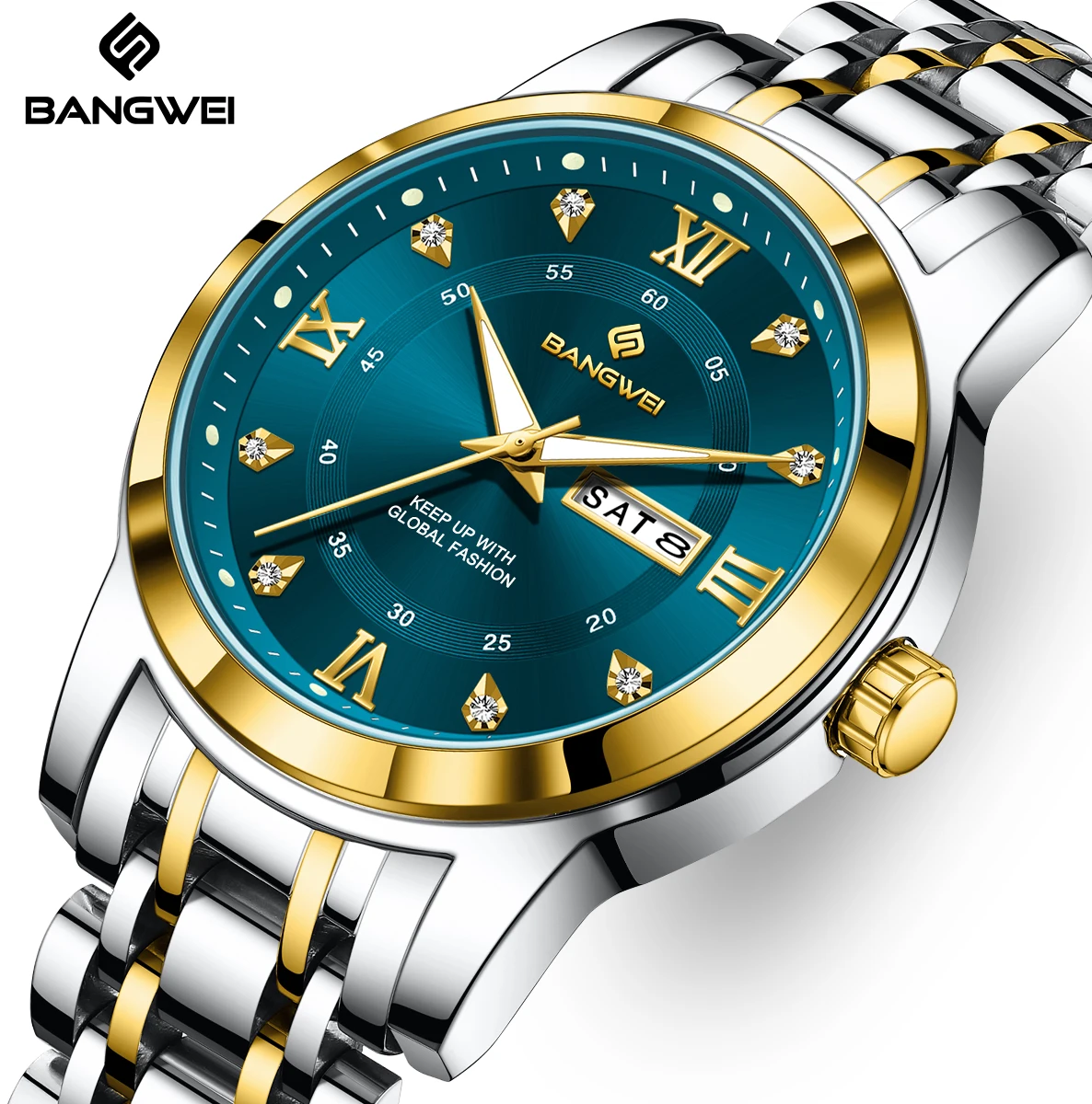 

Мужские кварцевые наручные часы BANGWE 2026 с календарем, стальным браслетом и светящимися стрелками, в подарочной коробке.