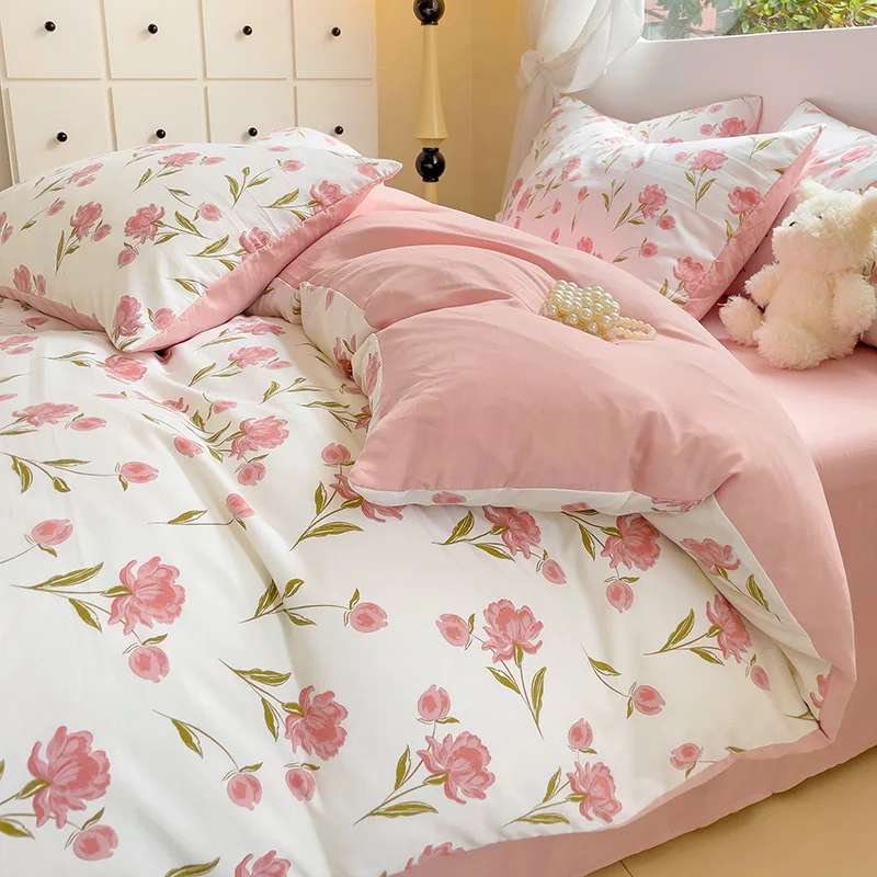 

Pink Floral Printed Duvet Cover Set NO Filler Girls Flowers Bedding Soft Washed Cotton Bed Linens Sheet Pillowcase Home Textiles