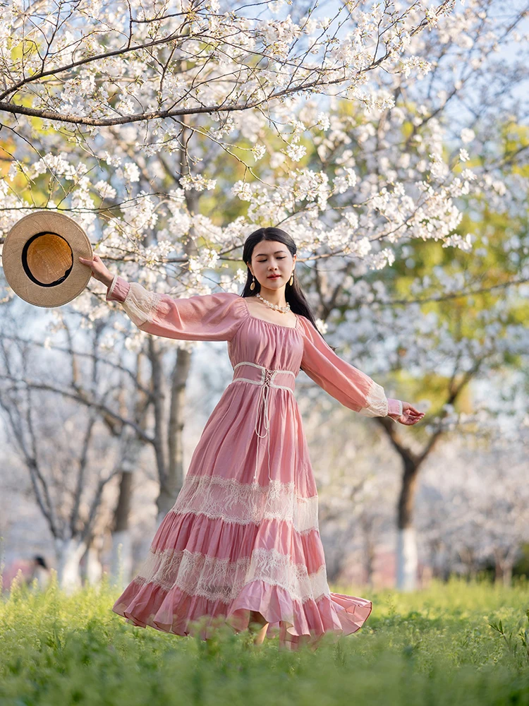 

TIYIHAILEY Long Maxi Women Ladies Dress Full Lantern Sleeve Pink Lace Patchwork 2025 New S-XL Spring Autumn Summer Square Collar