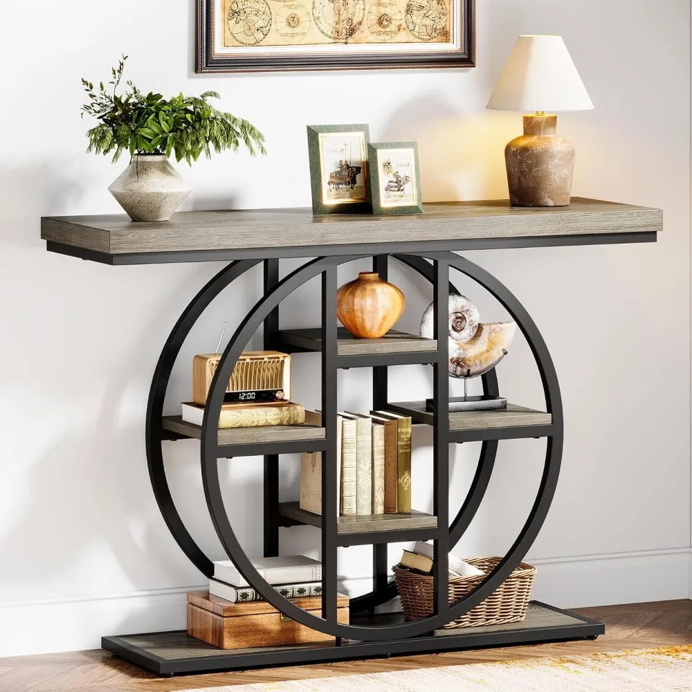 

41" Console Table, 4-Tier Entryway Table with Circle Base, Industrial Narrow Wood Sofa Accent Tables with Storage Shelves for Li