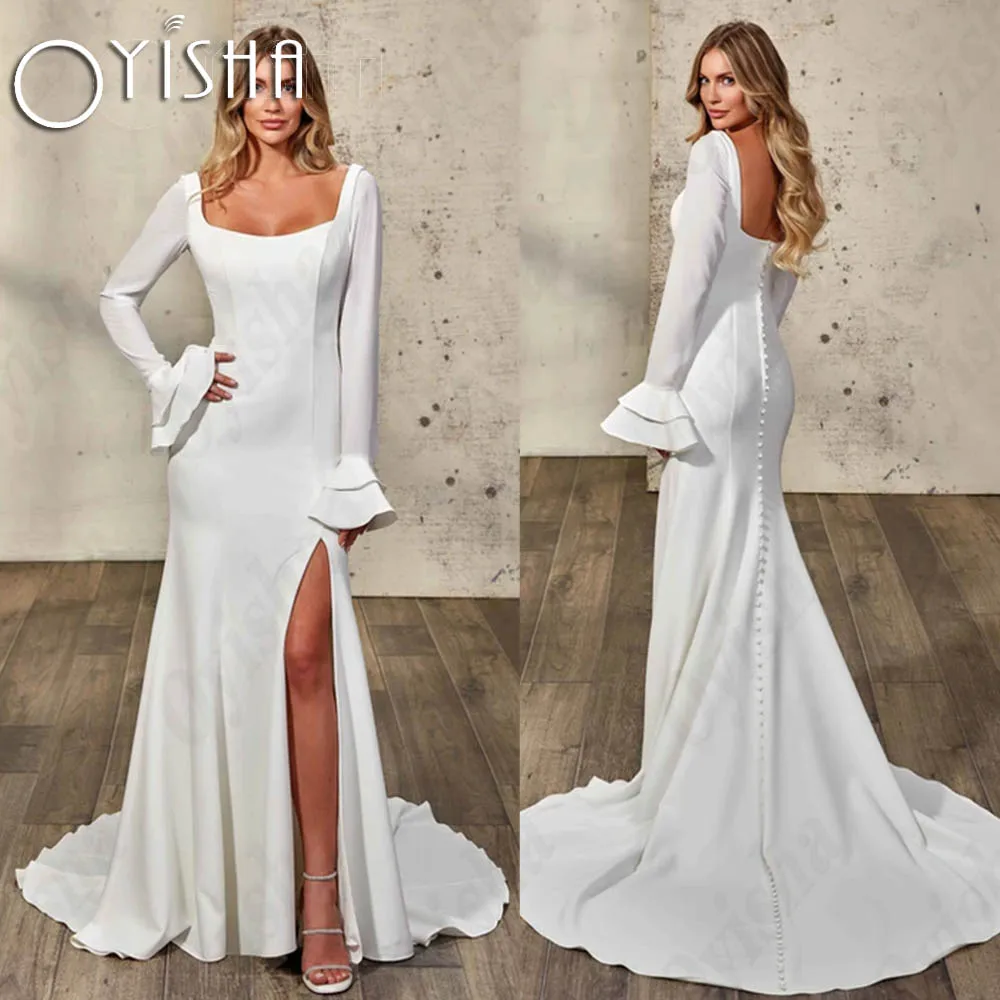 OYISHA Dubai Vestido De Noiva Sereia Mangas Compridas Simples Fenda Quadrado Pescoço Vestidos De Noiva Stretch Satin Backless فستان حفلات الزفان Vestido de noiva sereia de Dubai com mangas longas  Vestidos de noiva com