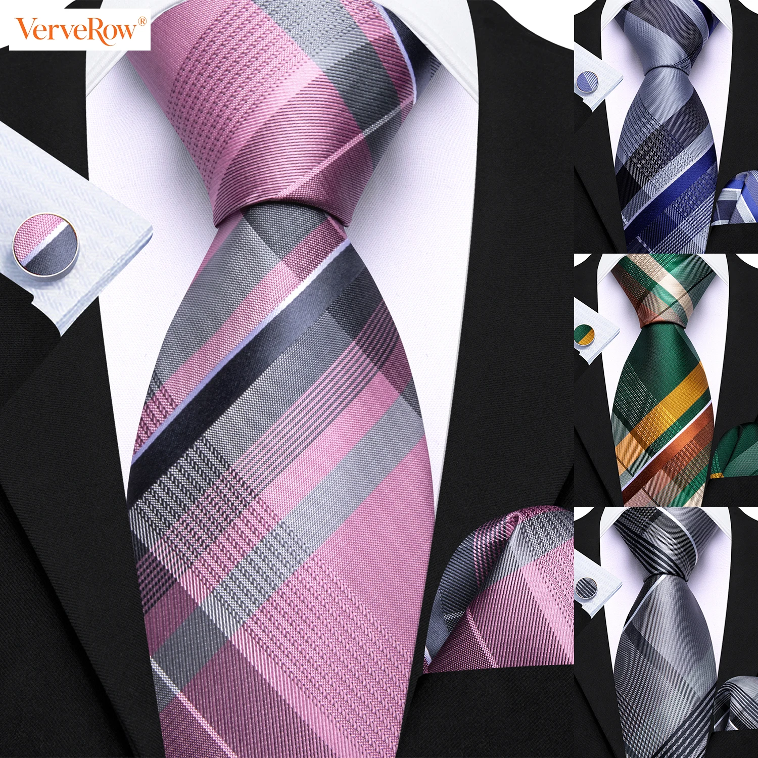 Diagonal Plaid Men Tie Set with Pocket Square Cufflinks 3 Pieces Check Necktie Formal Suit Accessory for Wedding Business Party
